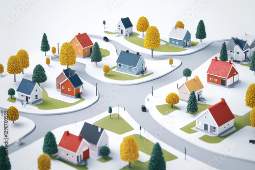 An illustration of a small town in a 3D orthographic style
