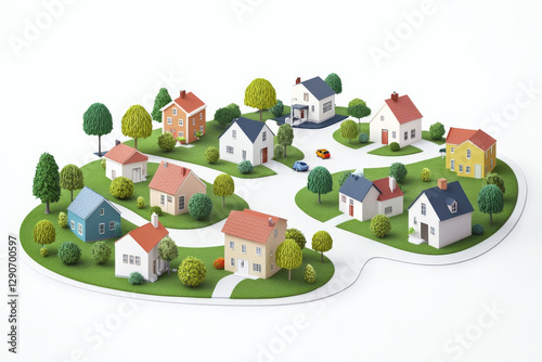 An illustration of a small town in a 3D orthographic style