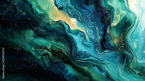 An organic abstract piece with fluid shapes and layers of green