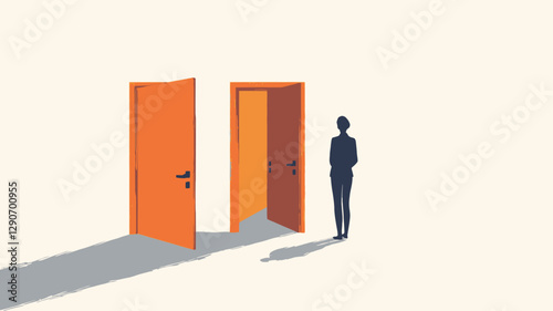 A minimalist vector illustration depicting a person standing in front of two doors. One door is orange and closed, the other is a reddish-brown and ajar. The person is a simple, dark
