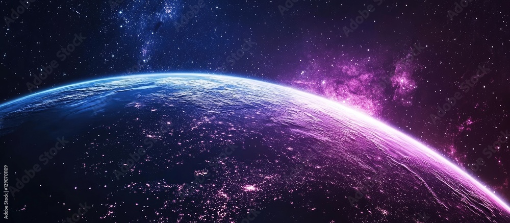 Obraz premium Vibrant cosmic landscape featuring a glowing Earth with purple and blue hues, stars sparkling in the dark expanse of space.