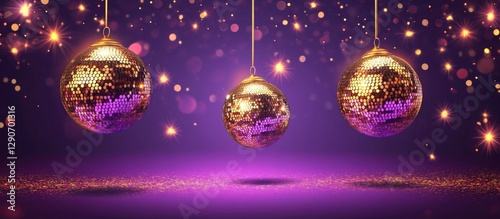Disco-themed background featuring three hanging disco balls in gold against a vibrant purple backdrop with sparkling bokeh lights.