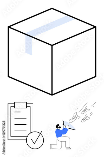 Large sealed box, clipboard with a check mark, man in blue shielding from flying objects. Ideal for logistics, responsibility, challenges, safety, preparedness, criticism abstract line flat metaphor