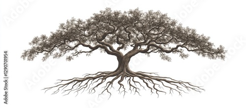 Bodhi Tree illustration featuring extensive brown roots and a wide leaf canopy centered on a clean white background for a serene nature theme