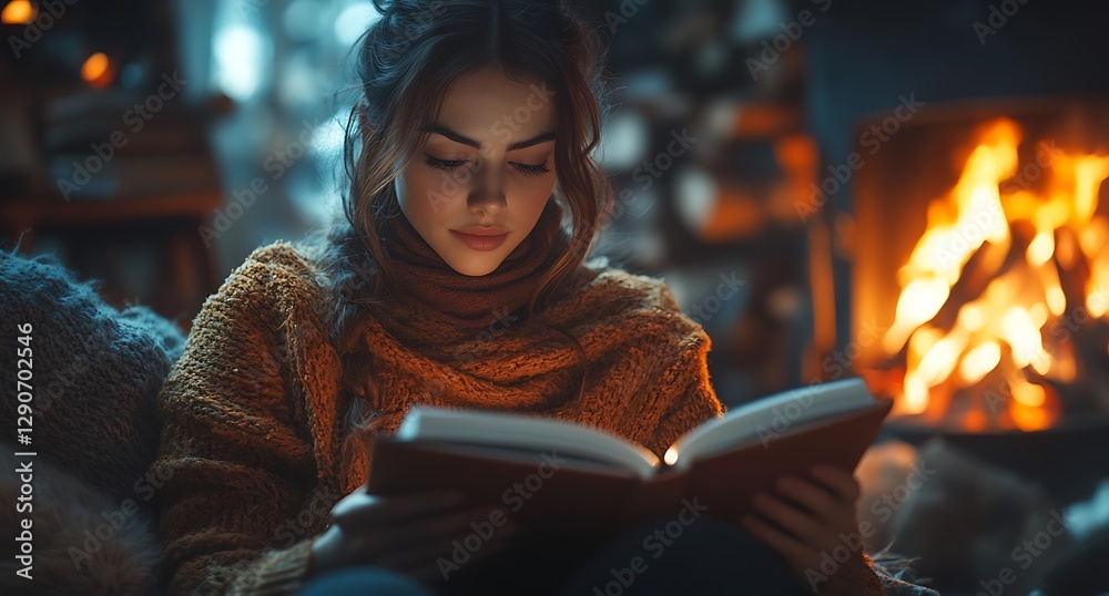 Cozy Sweater Reader by the Fireplace in a Warm Atmosphere Cozy Sweater Reader by the Fireplace in a Warm Atmosphere