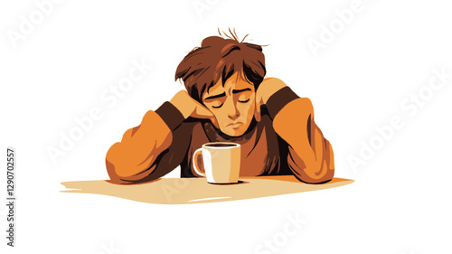 Digital illustration of a young man with brown hair, wearing an orange long-sleeved shirt. He is sitting at a table, leaning forward with his elbows on the table and his hands supporting