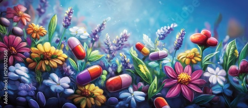 Vibrant assortment of colorful capsules and tablets amid blooming flowers with purple and yellow hues on a blue background symbolizing wellness.