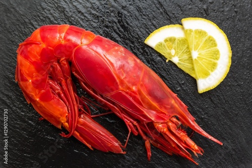 Grilled Carabinero Shrimp with Lemon on a Black Slate