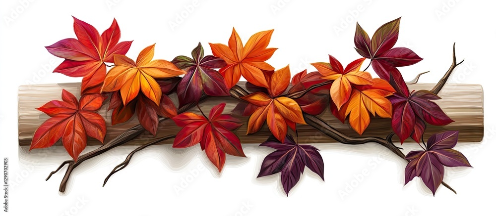 Colorful autumn leaves of Virginia creeper in shades of orange, red, and burgundy arranged along a wooden board creating a natural decor effect. Colorful autumn leaves of Virginia creeper in shades of orange, red, and burgundy arranged along a wooden board creating a natural decor effect.