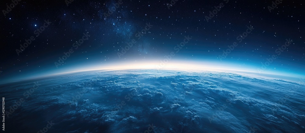 Fototapeta premium Vast view of Earth from space showcasing blue planet's curvature against dark starry background with a soft glow at the horizon.