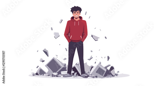 A stylized illustration depicts a young man, appearing to be a teenager, standing confidently amidst a pile of shattered computer parts and electronic debris.  He is wearing a red hoodie