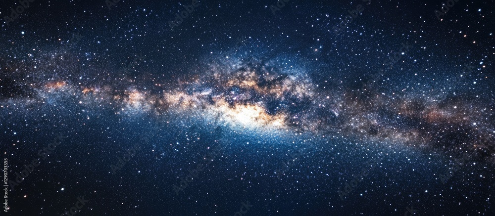 Naklejka premium Expansive dark blue night sky featuring a vibrant starry backdrop with a luminous galaxy extending diagonally from the left to right center.