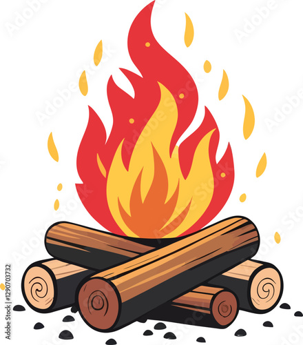 Wood campfire and flame icon. Bonfire burning on firewood sign Vector illustration on white background. Colorful fire emoji style clipart. Burning wood fire illustration.