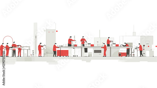 A stylized vector illustration depicting a simplified assembly line in a factory.  The illustration uses a flat design style with minimal detail. Workers in red uniforms are shown