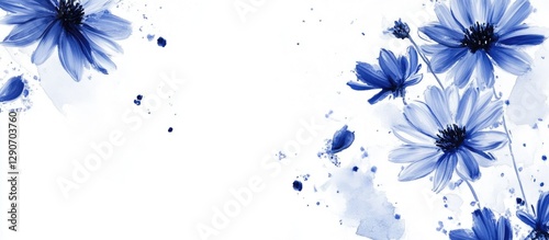 Blue cornflowers in various shades of blue scattered on a white background with soft watercolor splashes creating a serene and delicate composition. photo