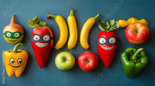 Superhero fruits vector fruity cartoon character of super hero expression vegetables with funny apple banana or pepper in mask illustration. Fruitful vegetarian diet background