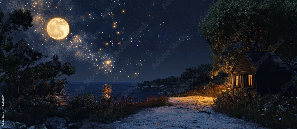 Naklejka premium Tranquil night scene showcasing a bright full moon casting soft light on a serene lakeside path surrounded by trees and a cozy cabin.