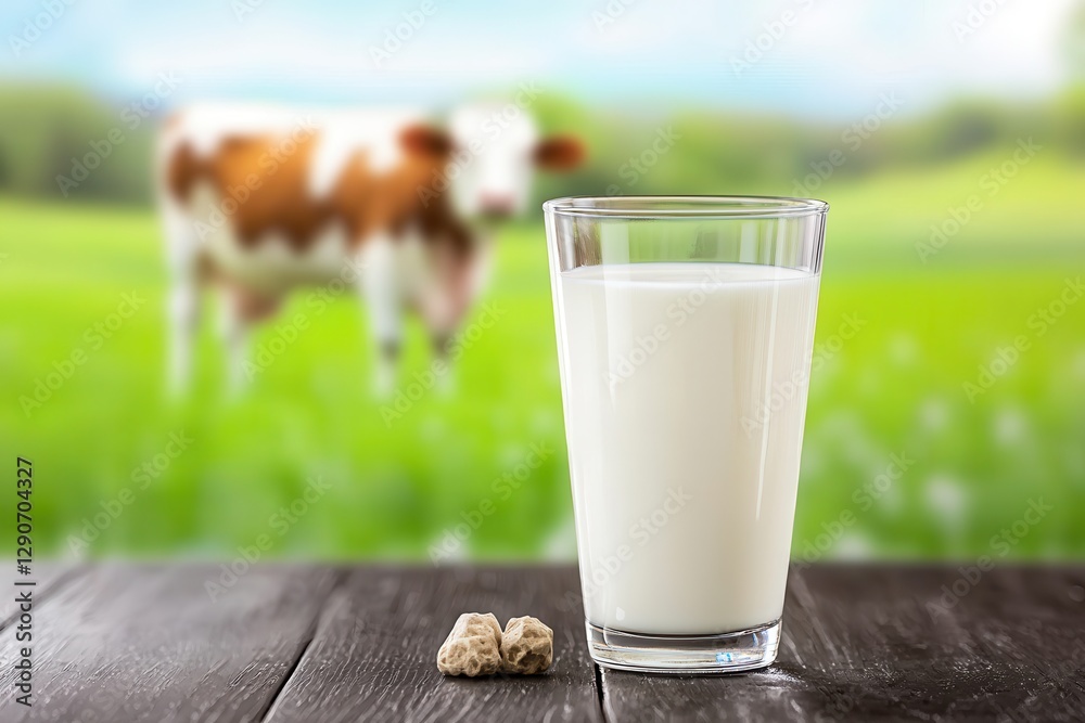 Organic milk from local farms ,support for local agriculture. Fresh milk glass with a cow in a green field background. Organic milk from local farms ,support for local agriculture. Fresh milk glass with a cow in a green field background.