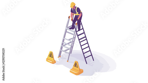 Isometric illustration depicting a worker in a hard hat and safety vest standing on a ladder.  The ladder is positioned against a plain white background. Two yellow safety cones are placed