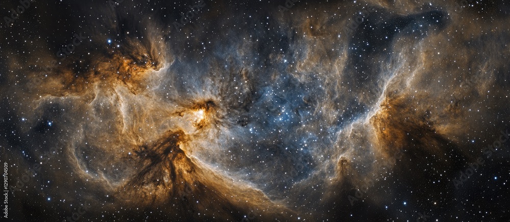 Obraz premium Stunning astrophotography of colorful cosmic nebula against a deep black starry sky with swirling patterns in shades of blue, orange, and brown