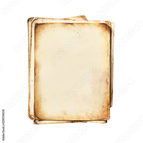 A stack of aged, blank pages with a weathered appearance, showcasing their worn edges and vintage look, isolated on white background.