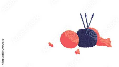 The image shows a minimalist illustration featuring two balls of yarn, one red-orange and one dark blue, positioned on a white background.  Several knitting needles are stuck into the top