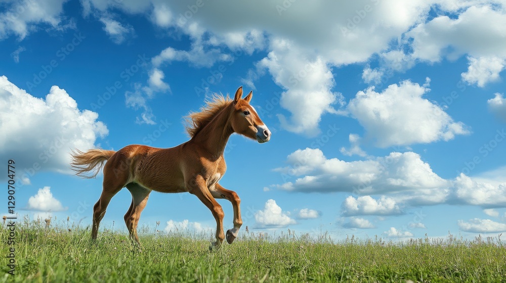 Baby horse galloping in an open field with a blue sky and fluffy clouds in the background Baby horse galloping in an open field with a blue sky and fluffy clouds in the background