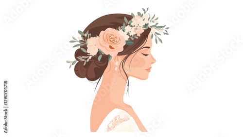 Digital illustration of a woman's profile.  She has long brown hair styled in a bun, adorned with a flower crown featuring peach and white blossoms and green foliage. The style is