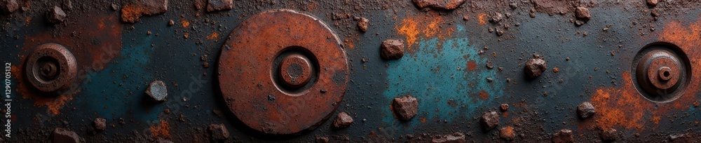 Panorama of dark, heavily textured rusty metal and stone , vintage, iron corrosion Panorama of dark, heavily textured rusty metal and stone , vintage, iron corrosion