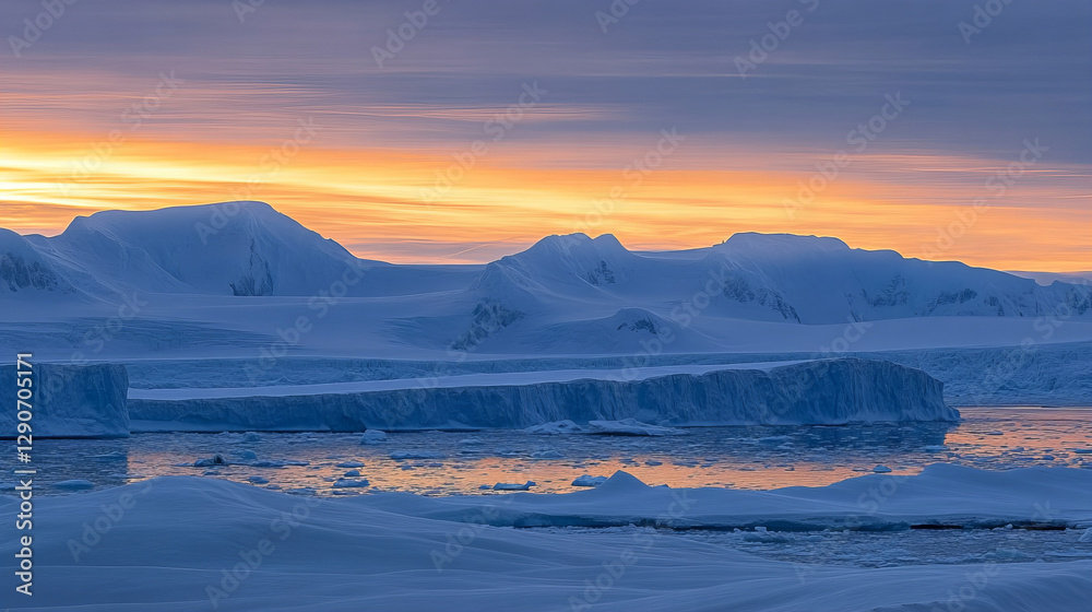 Obraz premium Breathtaking Antarctic landscape featuring majestic snow-capped mountains, floating icebergs, and a tranquil ocean reflecting the deep blue sky, capturing the untouched beauty of the frozen wilderness