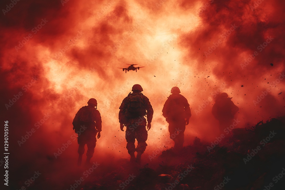 Fototapeta premium Dramatic Military Operation Scene with Soldiers and Drone in Fiery Smoke