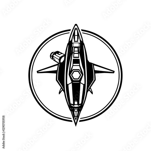 Starship: Futuristic black and white spaceship illustration on a white background within a circle.