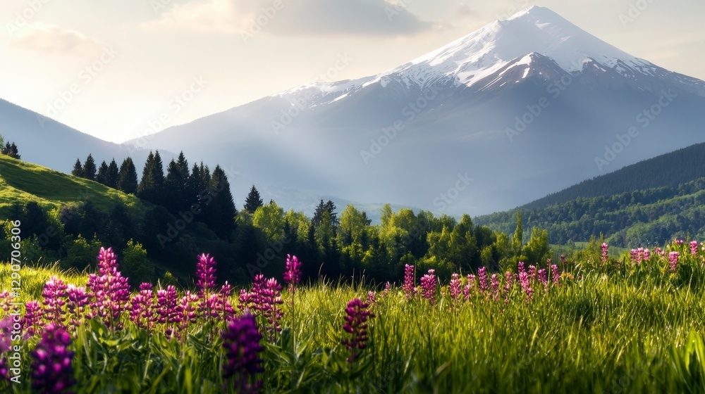Obraz premium Majestic Mountain Sunrise Wildflowers Peaks Spring Landscape