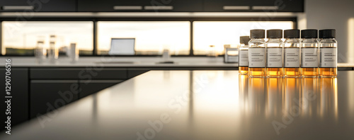 A modern laboratory setting featuring test bottles with chemical solutions.