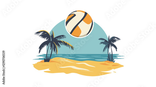 A stylized illustration depicting a beach volleyball scene.  The image features a stylized volleyball positioned centrally against a light blue circular background suggesting a sky.  Two