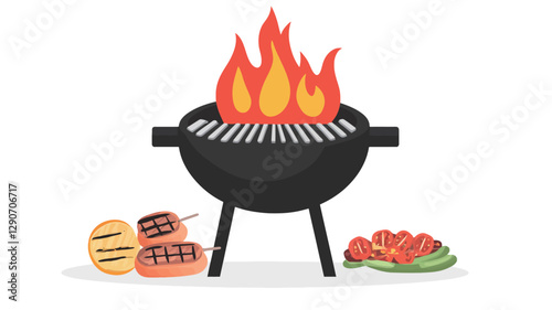 A digital illustration depicting a black round barbecue grill with flames rising from it.  To the left are illustrated grilled burger patties and buns, and to the right are illustrated