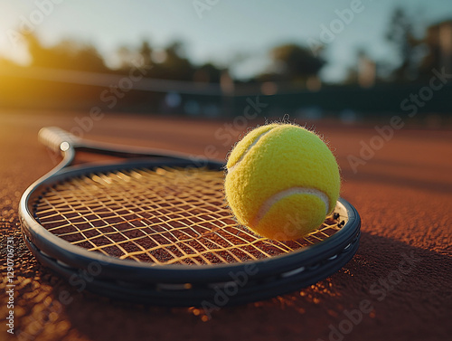 Tennis ball rests on a racket at sunset on court