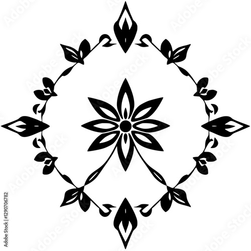 Black floral illustration of stylized flower, starburst center, and linked leaf design, within a circular, geometric, symmetrical arrangement on white background.