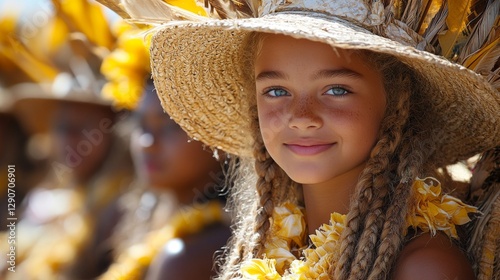 Adorable Young Girl in Traditional Island Straw Hat and Lei