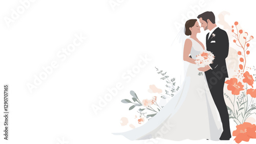 A minimalist vector illustration depicting a bride and groom standing close together. The bride wears a long white dress and the groom is in a dark suit.  They are positioned slightly