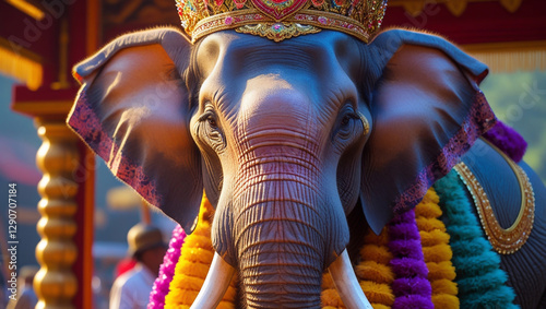 Elephant Festival, a majestic pachyderm adorned in vibrant ceremonial regalia stands proudly amidst a flurry of colors and festivities