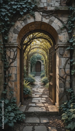 Serene Stone Archway Garden Path Tranquil Pathway Leading to a Secluded Wooden Door