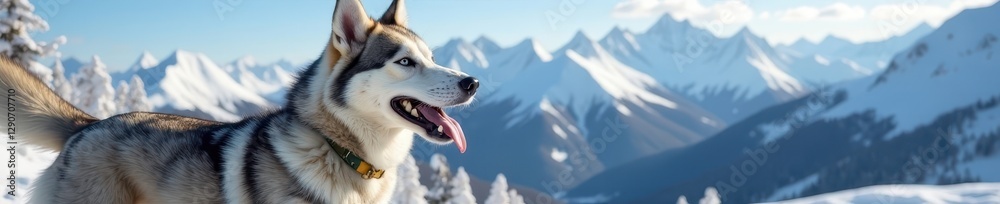 Happy husky panting, overlooking snow capped peaks, peak, furry Happy husky panting, overlooking snow capped peaks, peak, furry