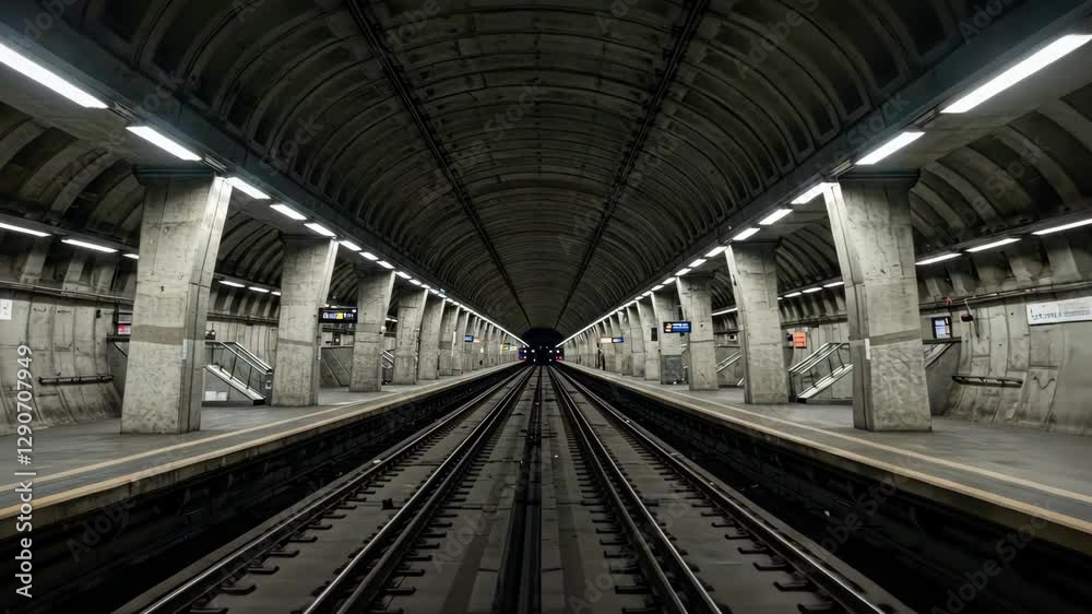 An empty subway station with tracks leading into a dark tunnel An empty subway station with tracks leading into a dark tunnel