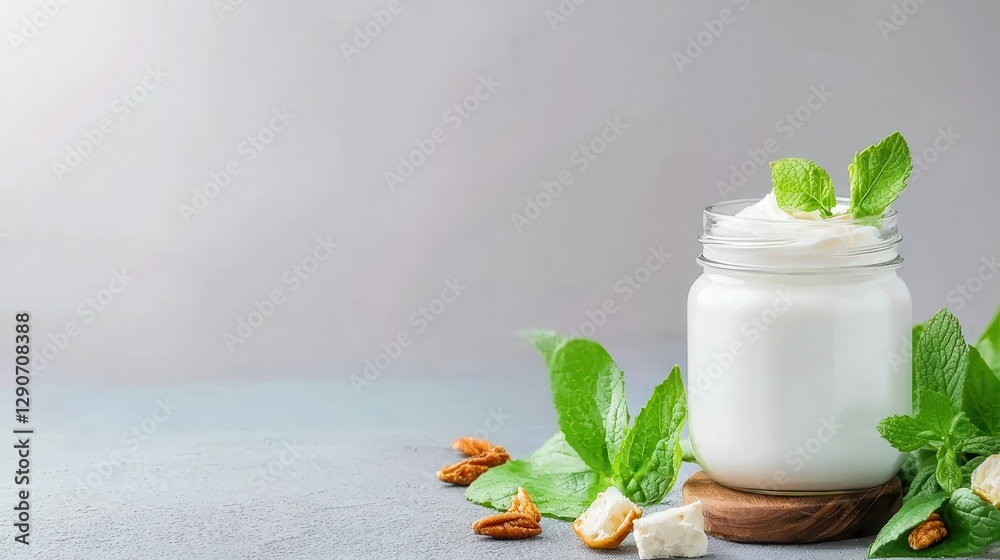 Organic milk from local farms ,support for local agriculture. Creamy yogurt in a jar garnished with fresh mint leaves and nuts. Organic milk from local farms ,support for local agriculture. Creamy yogurt in a jar garnished with fresh mint leaves and nuts.