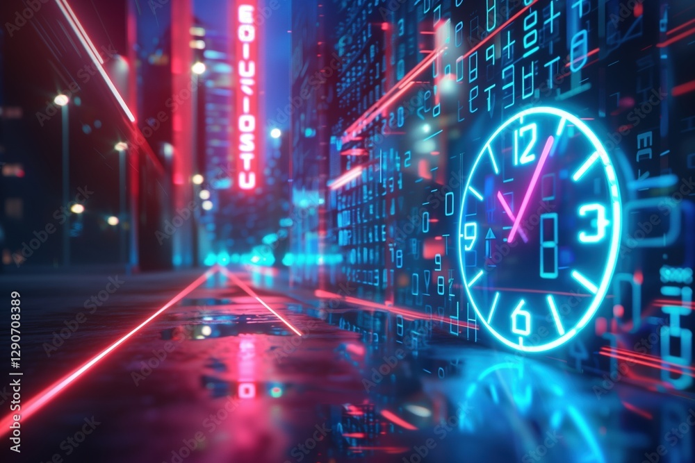 Obraz premium Vibrant neon clock stands prominently in a futuristic cityscape, surrounded by glowing binary code and illuminated streets. Scene conveys a blend of technology and art.