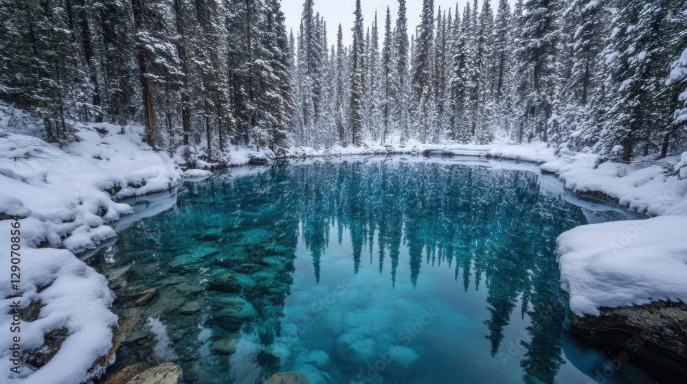 A magical winter scene of a crystal-clear lake, surrounded by tall evergreens covered in snow. A magical winter scene of a crystal-clear lake, surrounded by tall evergreens covered in snow.