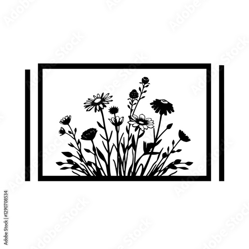 A graphic, bold, and minimalist black and white illustration of a wildflower arrangement in a frame.