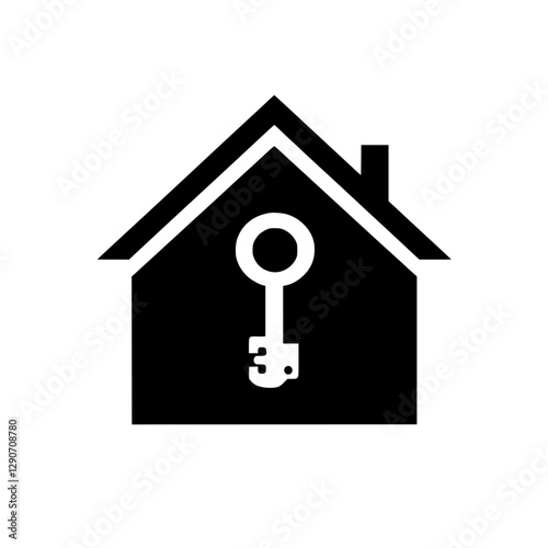 Black and white icon of a house with a key, symbolic of home ownership and security.