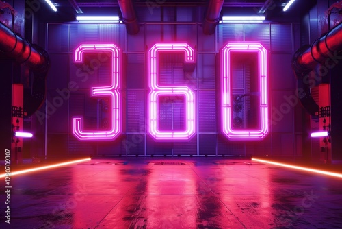 Neon 360 sign glows in a vibrant industrial space. Pink and purple lights illuminate the room, creating a futuristic or cyberpunk ambiance. Modern background for design.